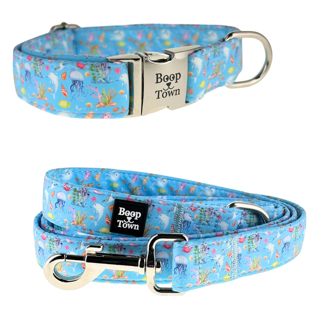 Boop Town Matching Dog Collar and Leash Set - Soft Cotton & Heavy Duty Nylon Core - Quick Release Metal Buckle - Aesthetic Adjustable Pet Accessories - Reduces Hair Matting - XS Small Medium Large XL Dogs