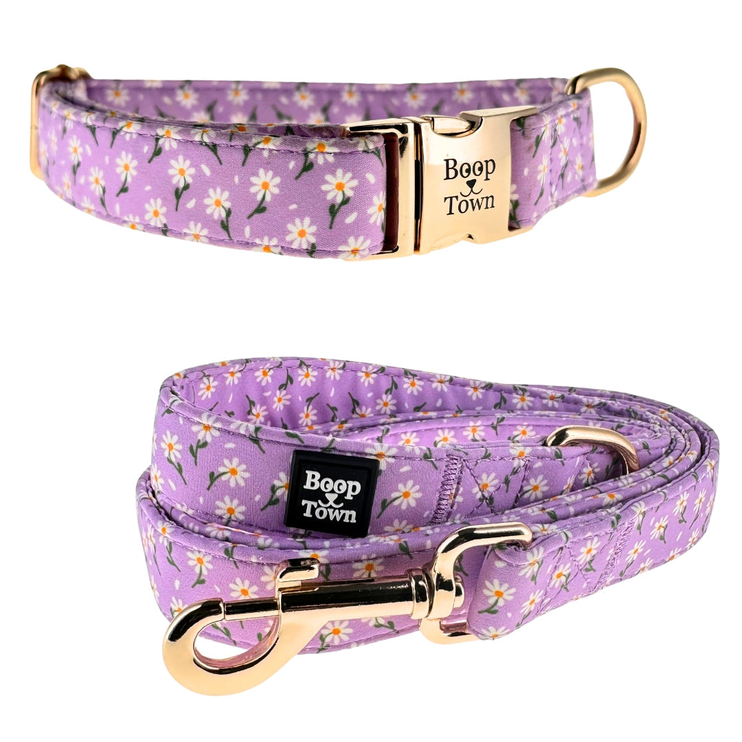Boop Town Matching Dog Collar and Leash Set - Soft Cotton & Heavy Duty Nylon Core - Quick Release Metal Buckle - Aesthetic Adjustable Pet Accessories - Reduces Hair Matting - XS Small Medium Large XL Dogs