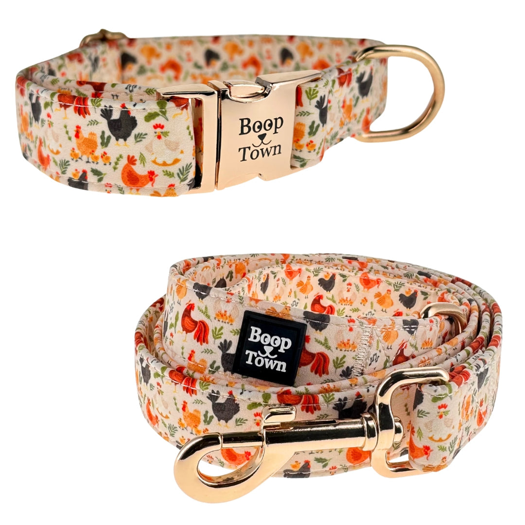 Boop Town Matching Dog Collar and Leash Set - Soft Cotton & Heavy Duty Nylon Core - Quick Release Metal Buckle - Aesthetic Adjustable Pet Accessories - Reduces Hair Matting - XS Small Medium Large XL Dogs