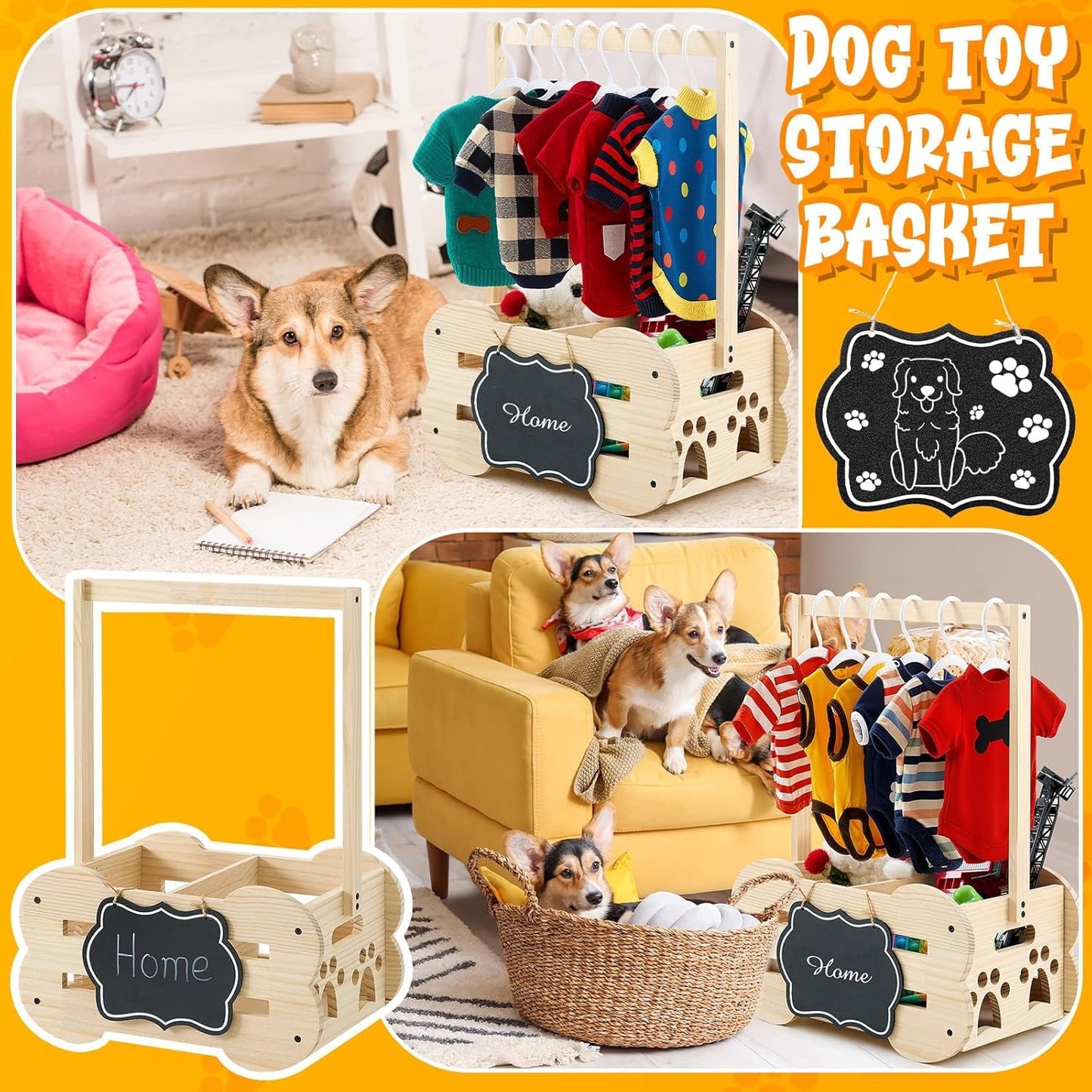 Dog Storage Organizer Wooden Closet Toy Clothes Rack Hangers 20in