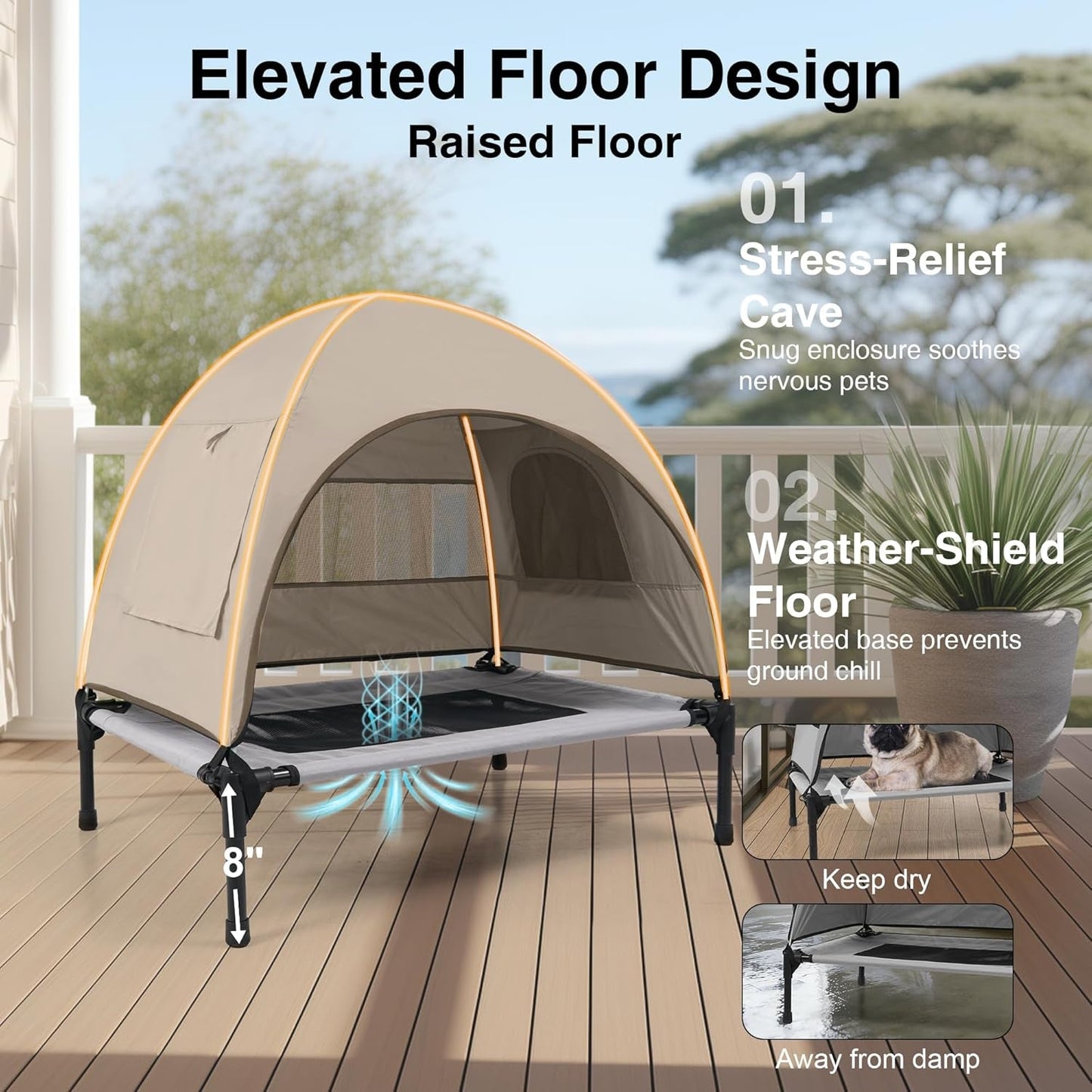 Elevated Outdoor Dog Bed with Canopy Cooling Pet Cot Camping Tent