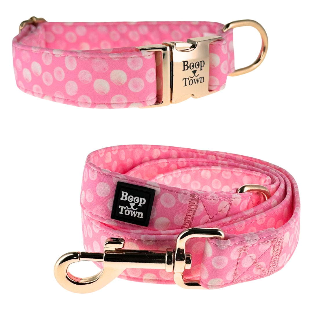 Boop Town Matching Dog Collar and Leash Set - Soft Cotton & Heavy Duty Nylon Core - Quick Release Metal Buckle - Aesthetic Adjustable Pet Accessories - Reduces Hair Matting - XS Small Medium Large XL Dogs