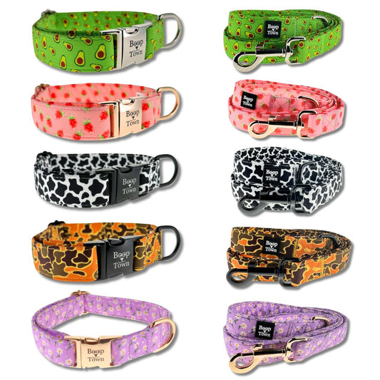 Boop Town Matching Dog Collar and Leash Set - Soft Cotton & Heavy Duty Nylon Core - Quick Release Metal Buckle - Aesthetic Adjustable Pet Accessories - Reduces Hair Matting - XS Small Medium Large XL Dogs