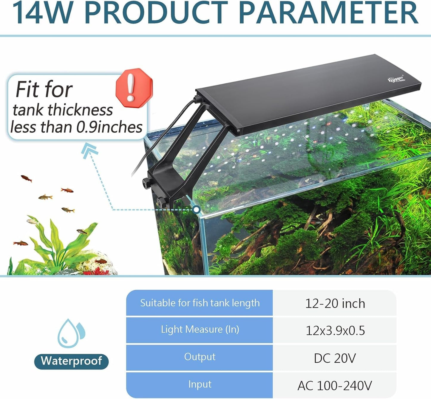 Hygger Clip On Aquarium LED Light 24/7 Timer 7 Colors 7-20in Tank 12W/ 14W