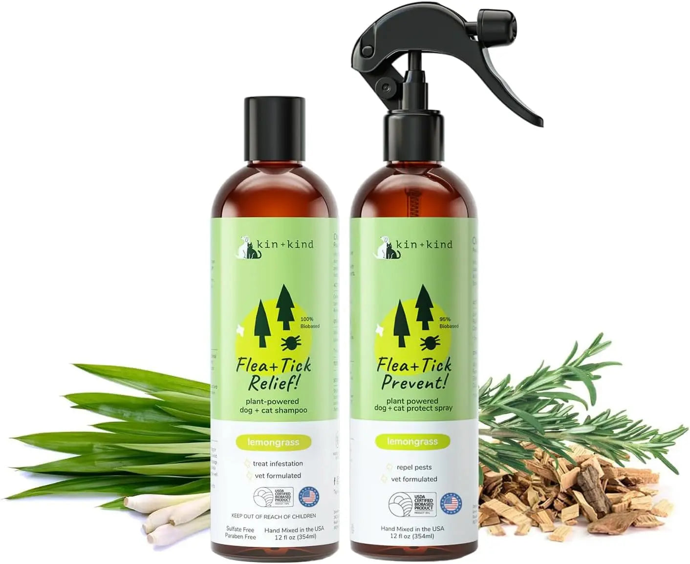 kin+kind Flea & Tick Shampoo & Spray Kit for Dogs & Cats – Plant-Based